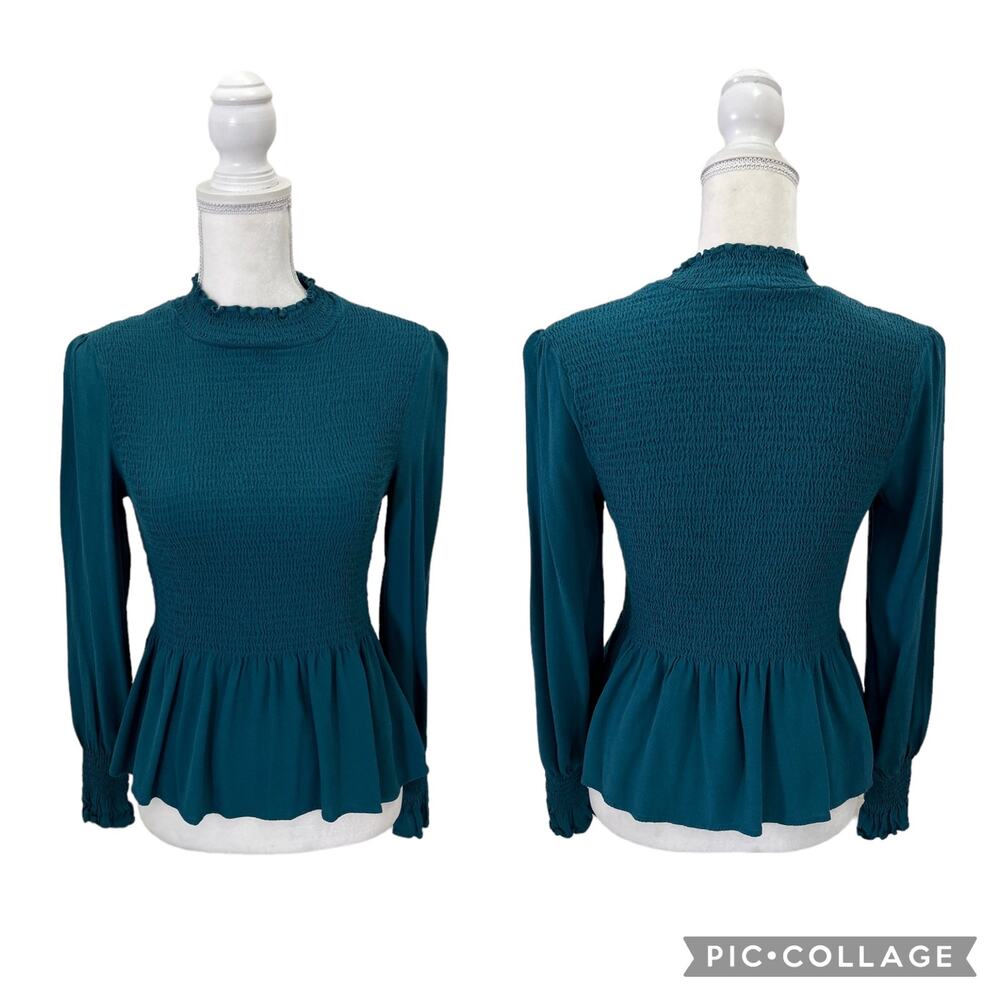 Karlie Teal Smocked Long Sleeve High Neck Blouse Size Small Elegant Work Office